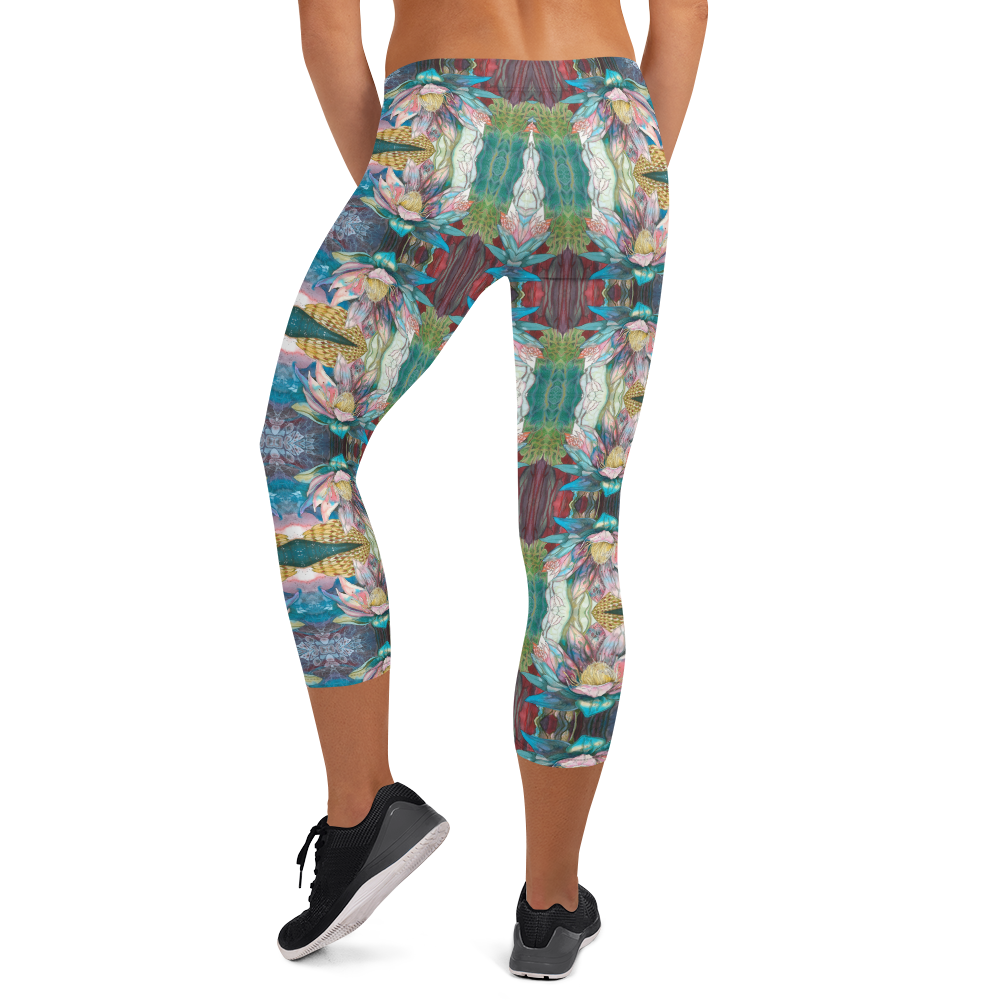 Floral Blues High Waist Capri Leggings