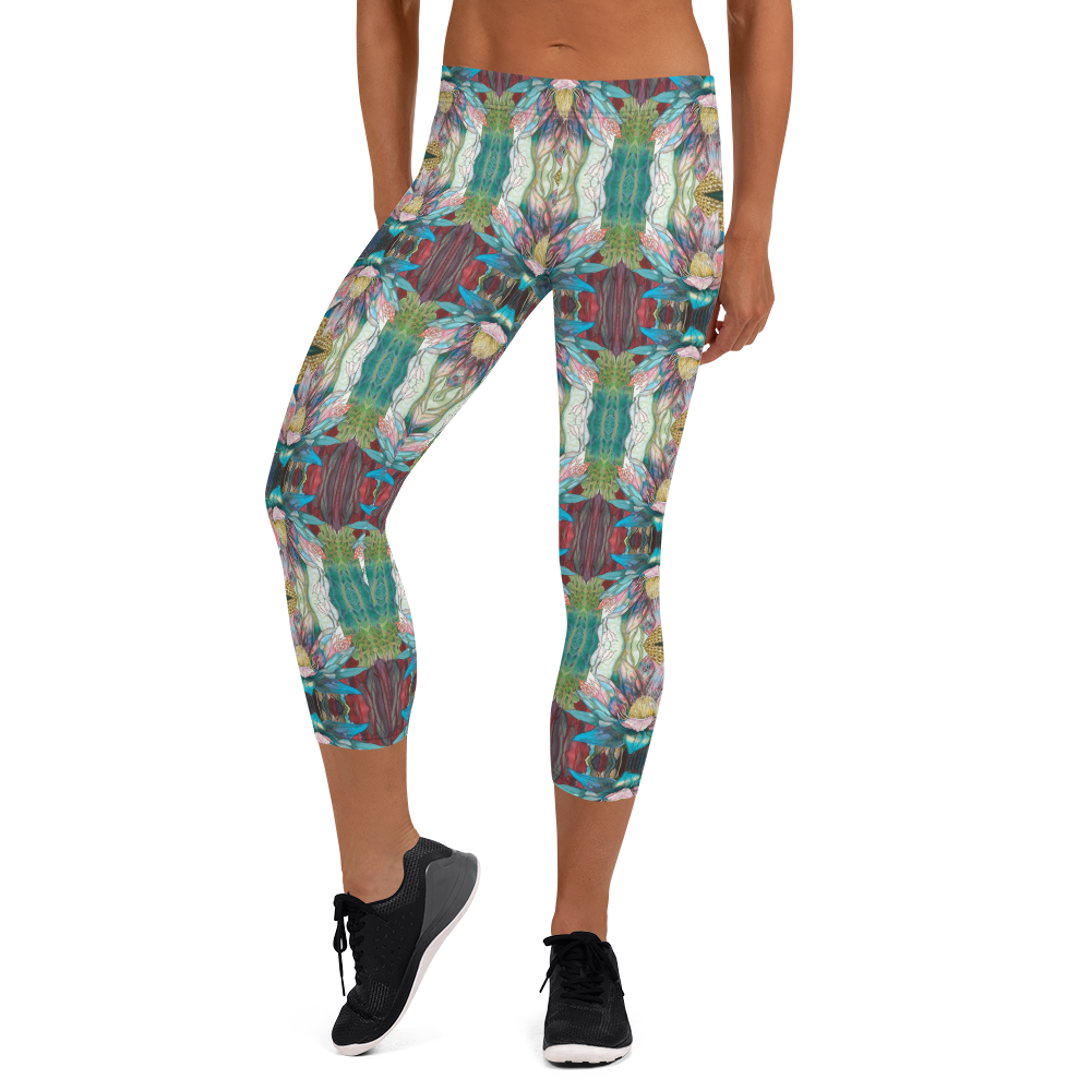 Floral Blues High Waist Capri Leggings