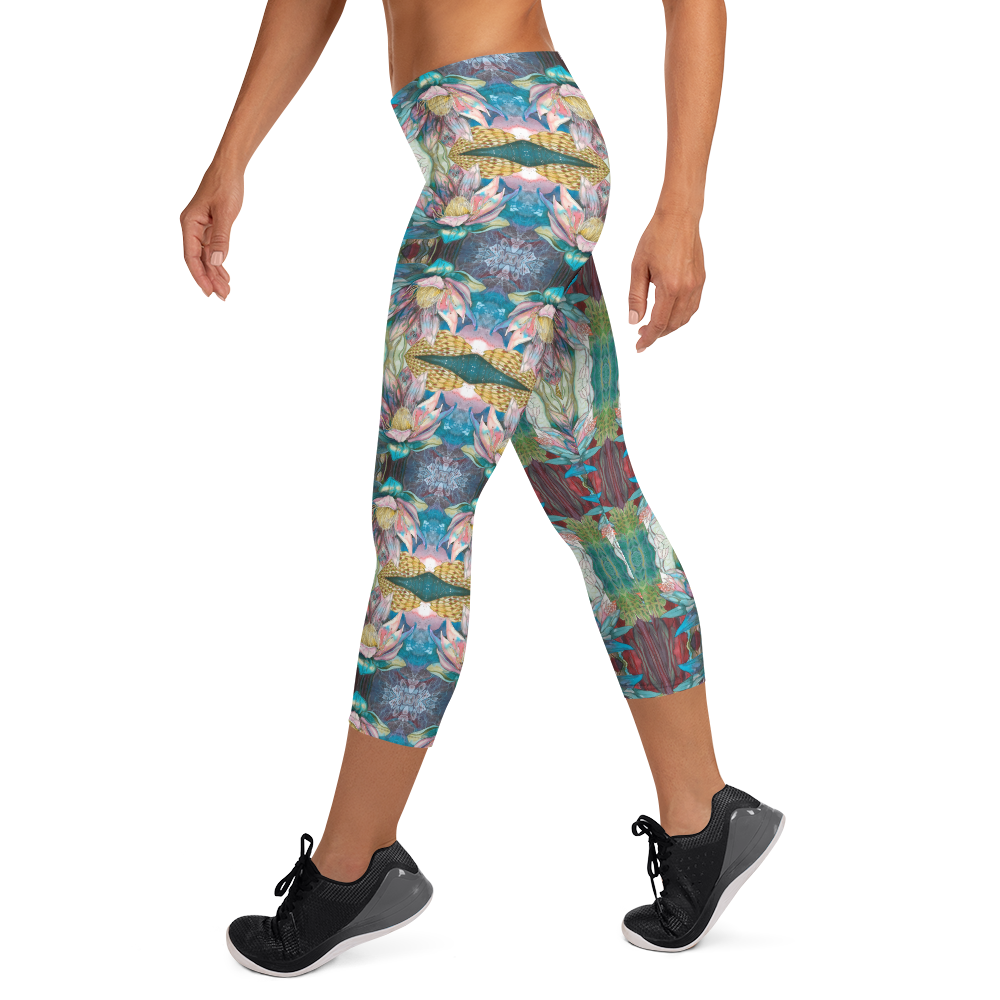 Floral Blues High Waist Capri Leggings