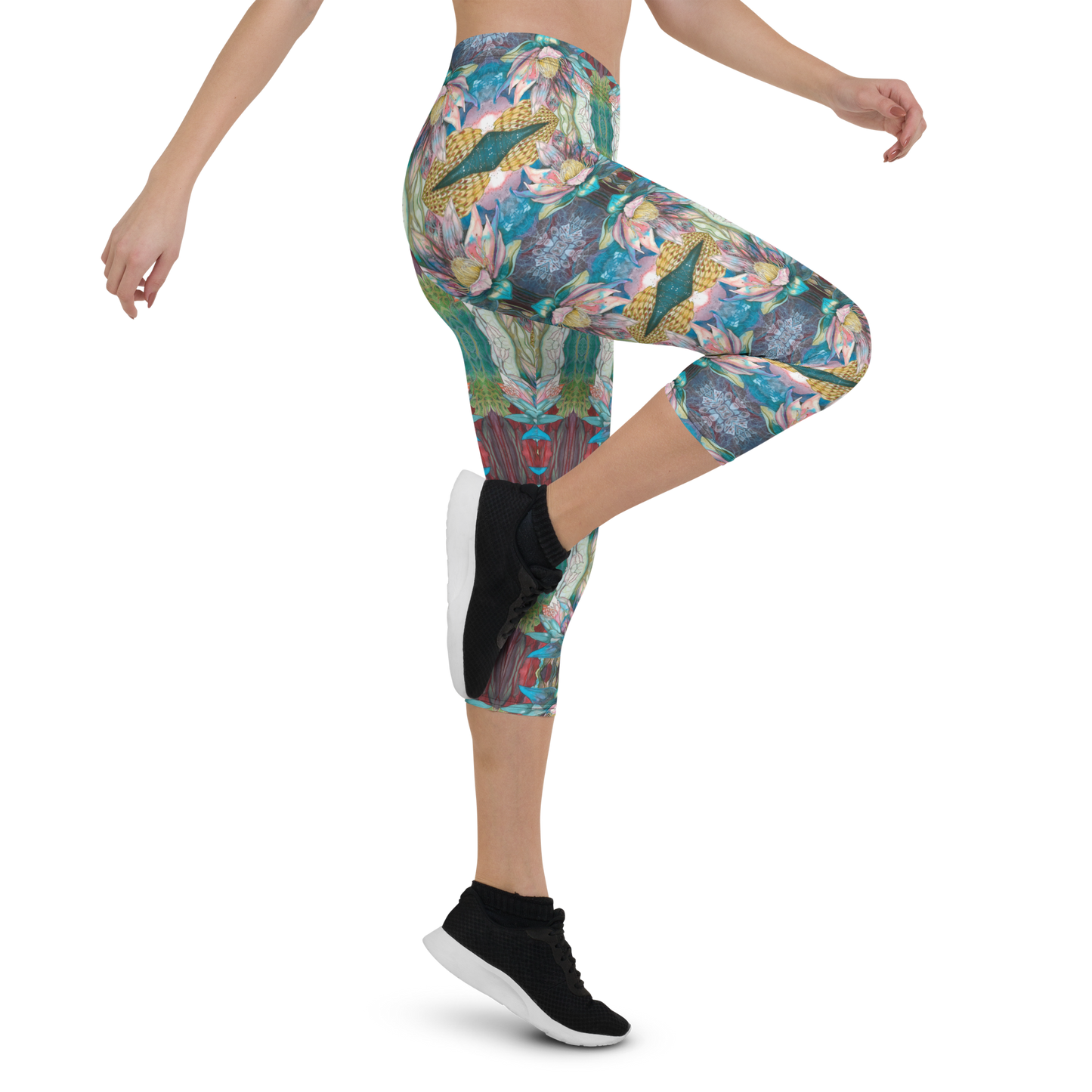 Floral Blues High Waist Capri Leggings
