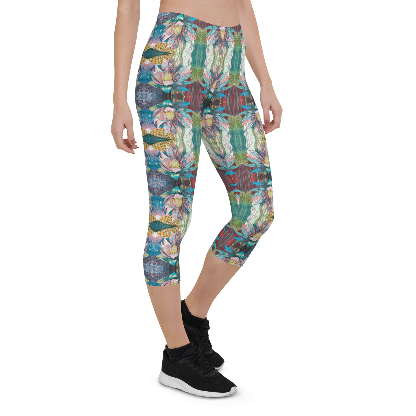Floral Blues High Waist Capri Leggings